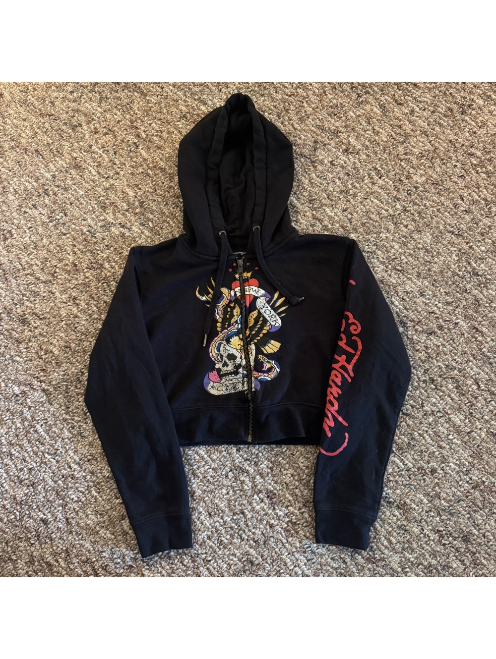 Ed Hardy Womens Y2K Cropped Zip Up Hoodie Black Size Large